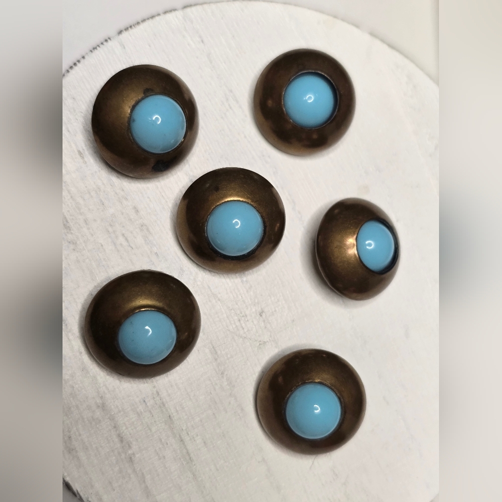 Vintage Brass and Blue Button Set Of 6 [ Read Details ]